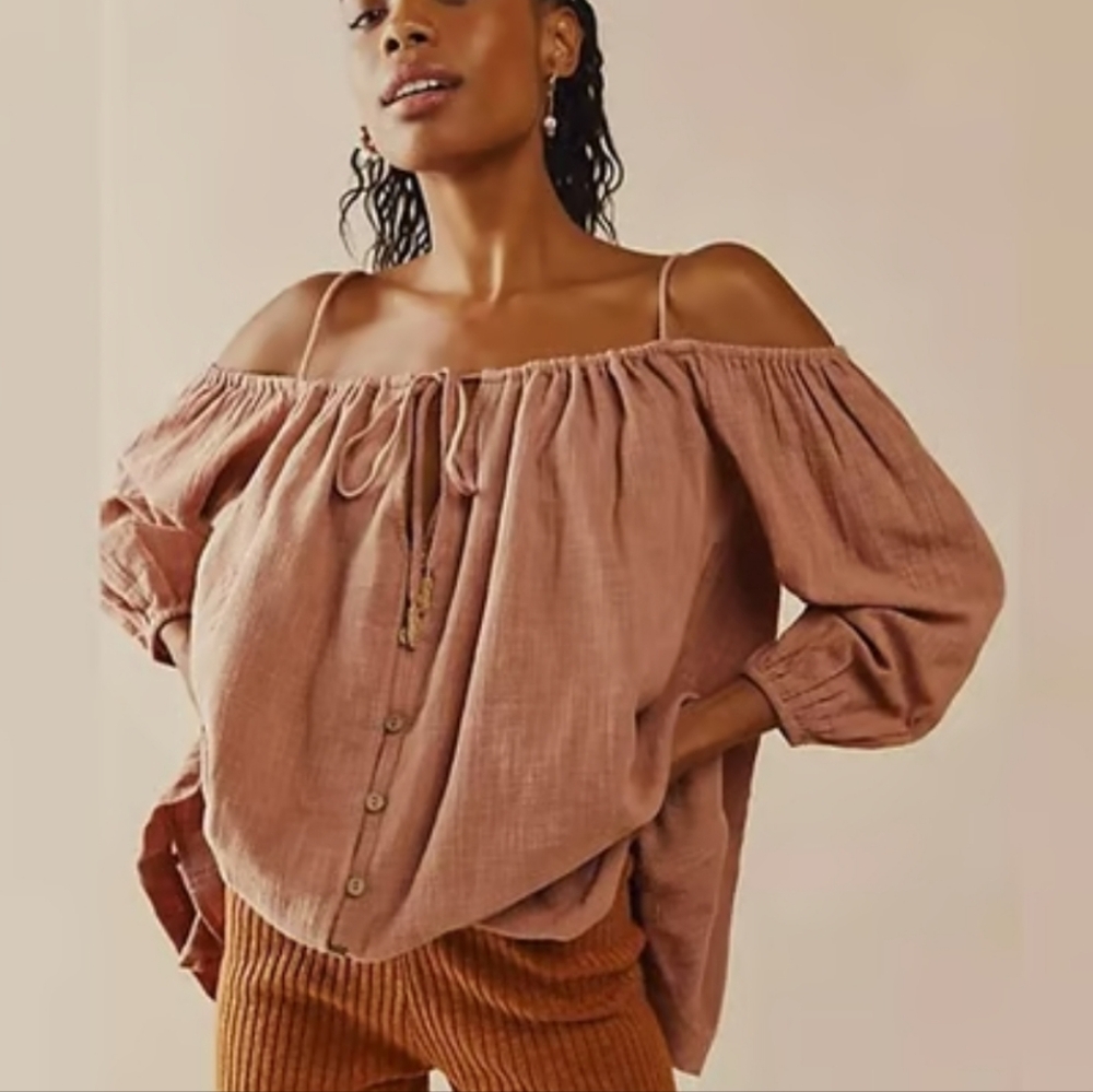 Free People Stealin' Hearts Cotton Tunic Lagenlook Dusty Rose Rust Oversized XS